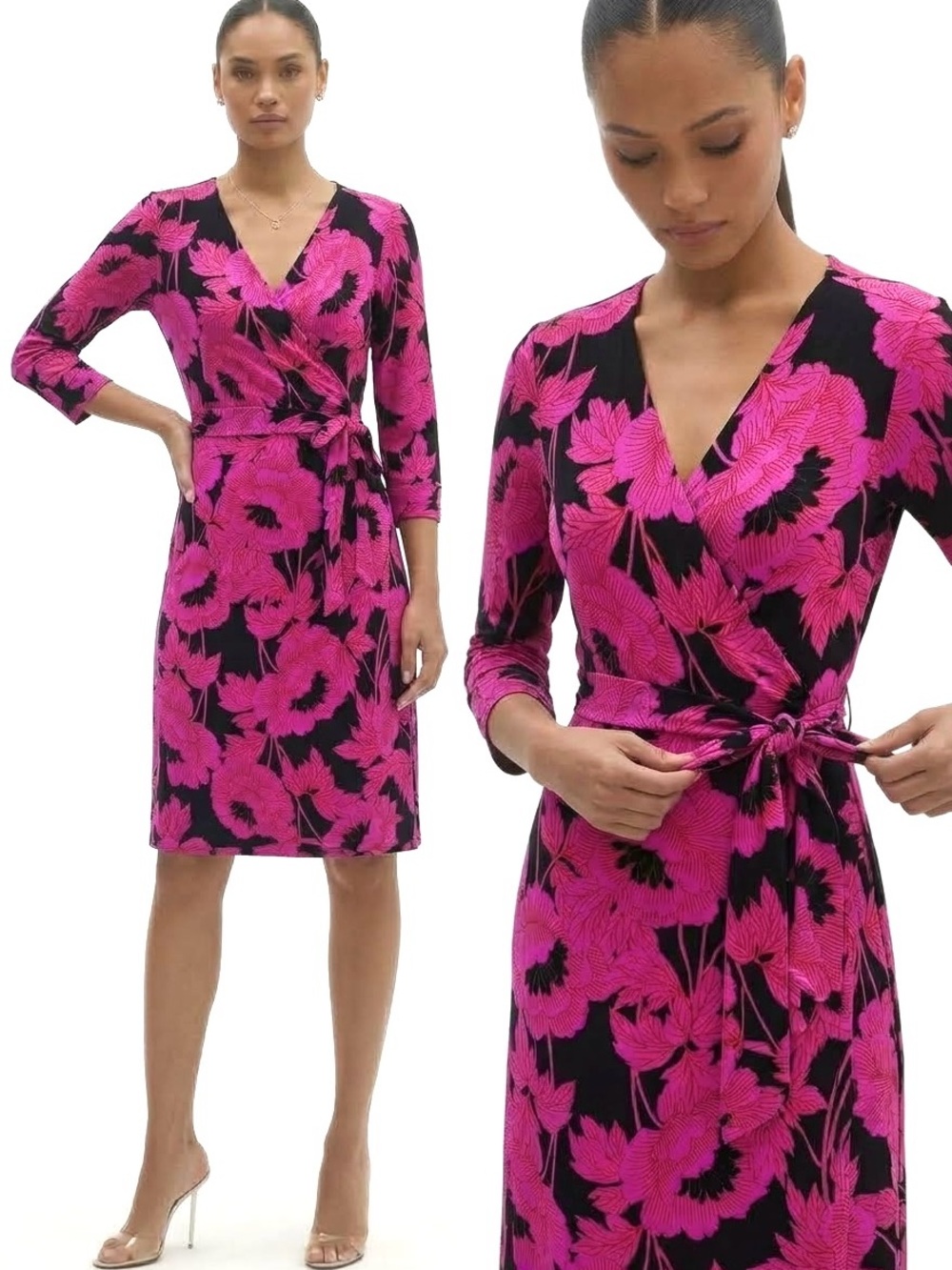 NWT Julian Silk 100% Floral Wrap Dress Print 3/4 Sleeve Size 10 Pink Black